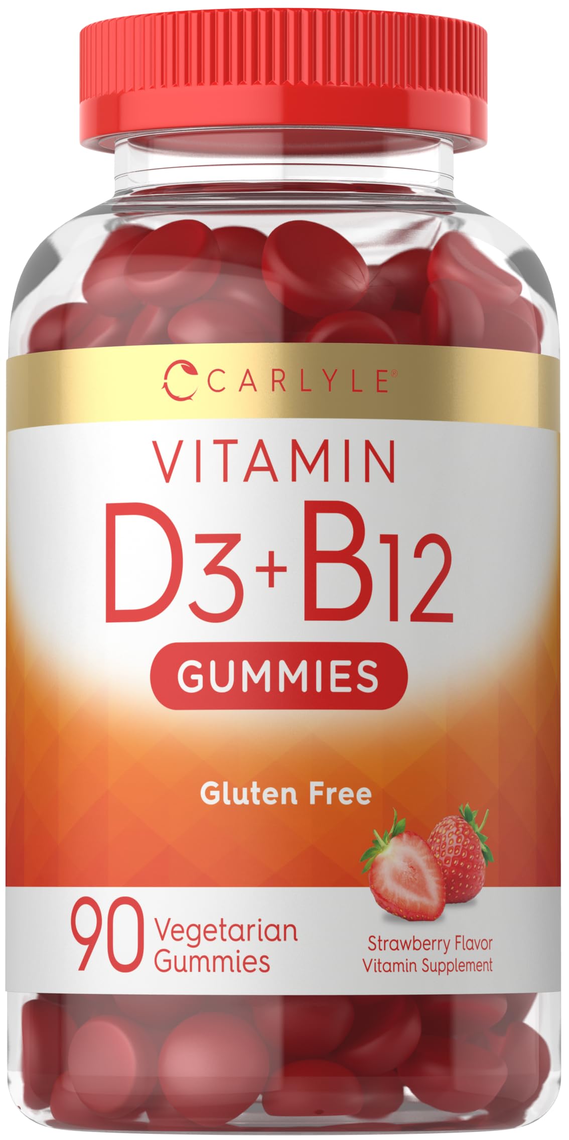 Frasco frontal de Carlyle Vitamin D3 + B12 Gummies mostrando etiqueta clara y beneficio de conveniencia