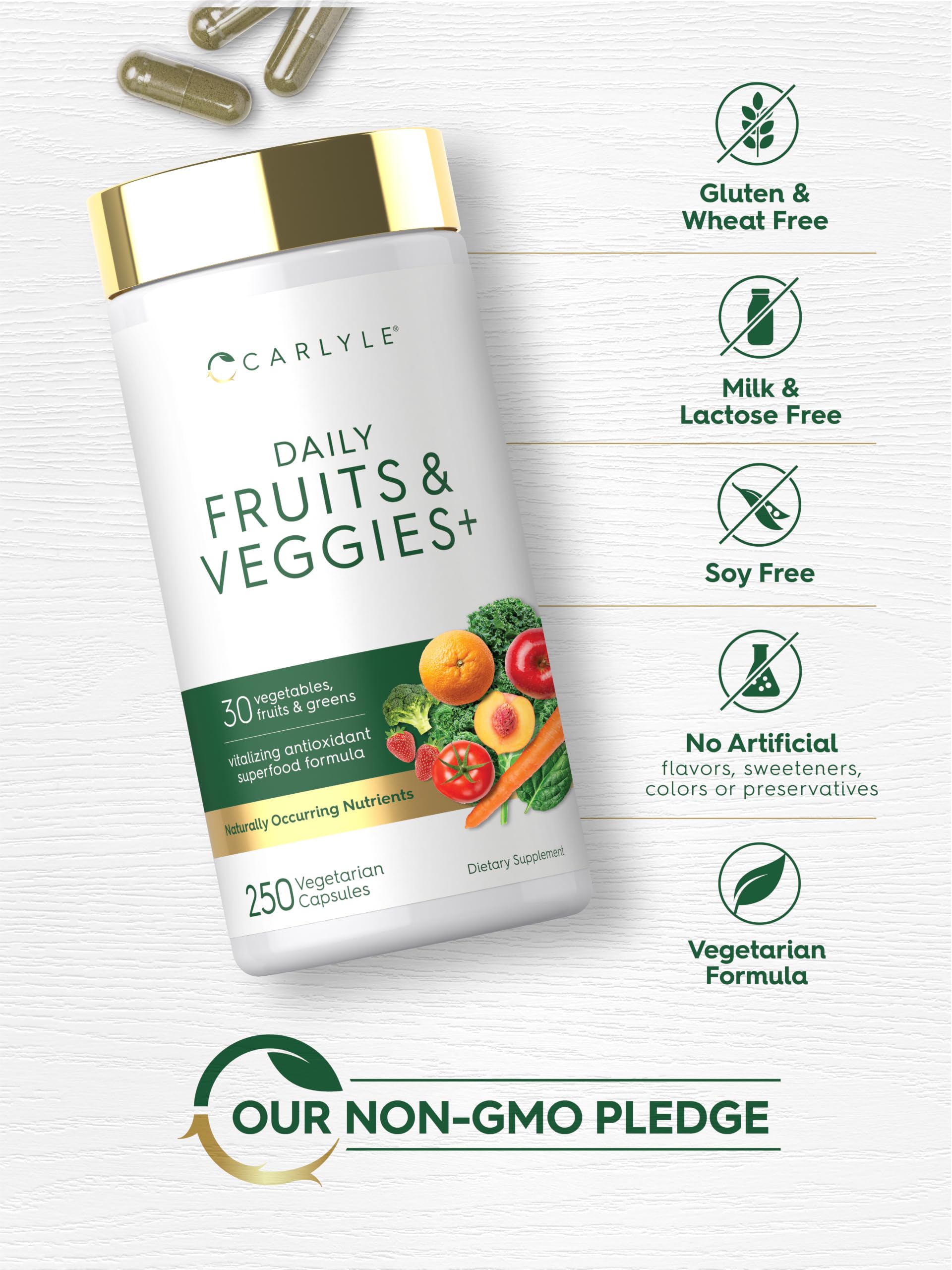 Carlyle Fruits and Veggies en mano para comparar tamaño y dosis visualmente
