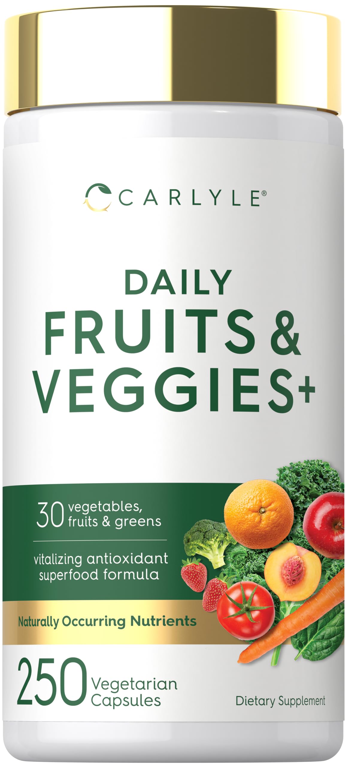 Envase frontal de Carlyle Fruits and Veggies que muestra la etiqueta y beneficios claros