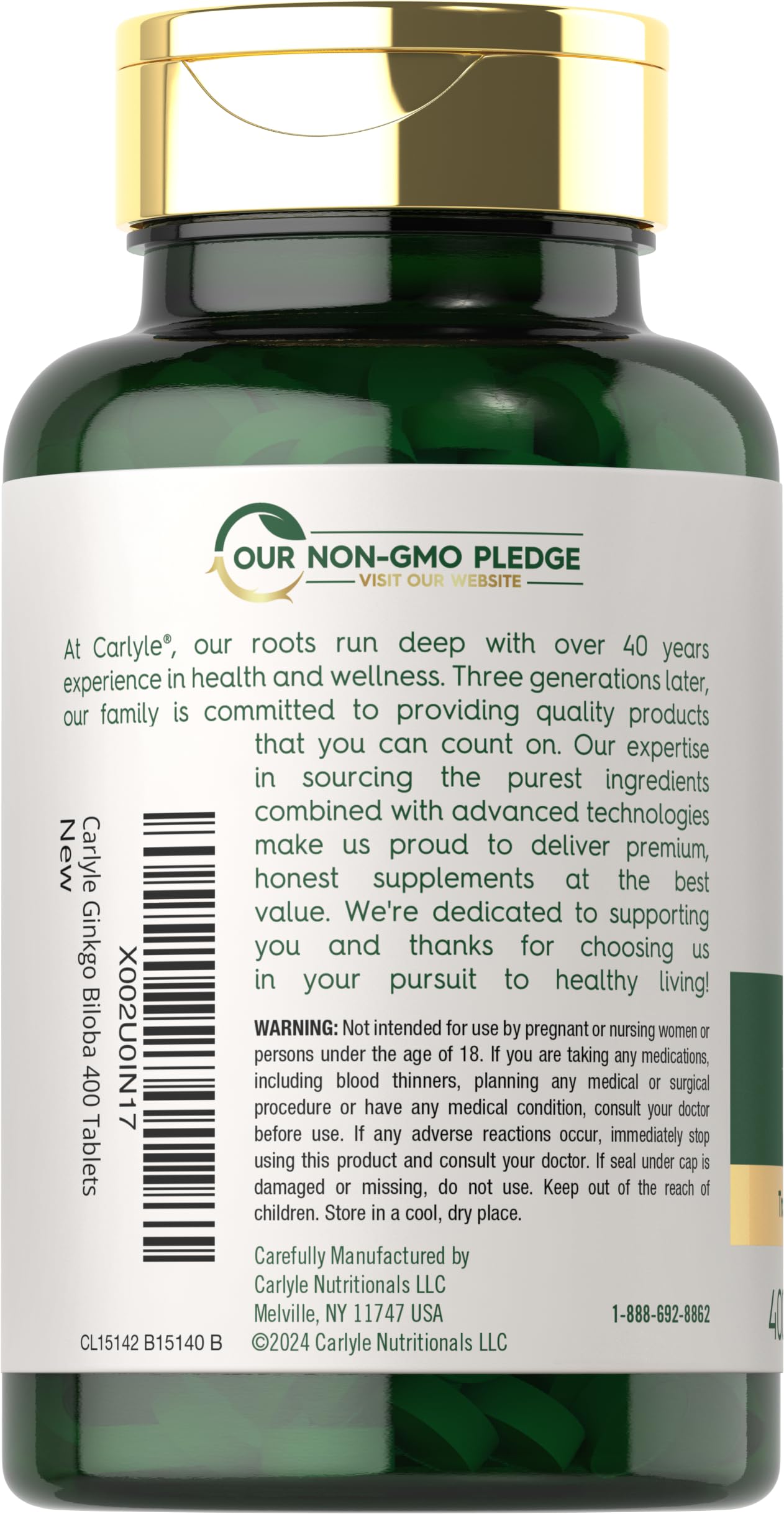 Carlyle etiqueta con información de ingredientes y certificaciones visibles