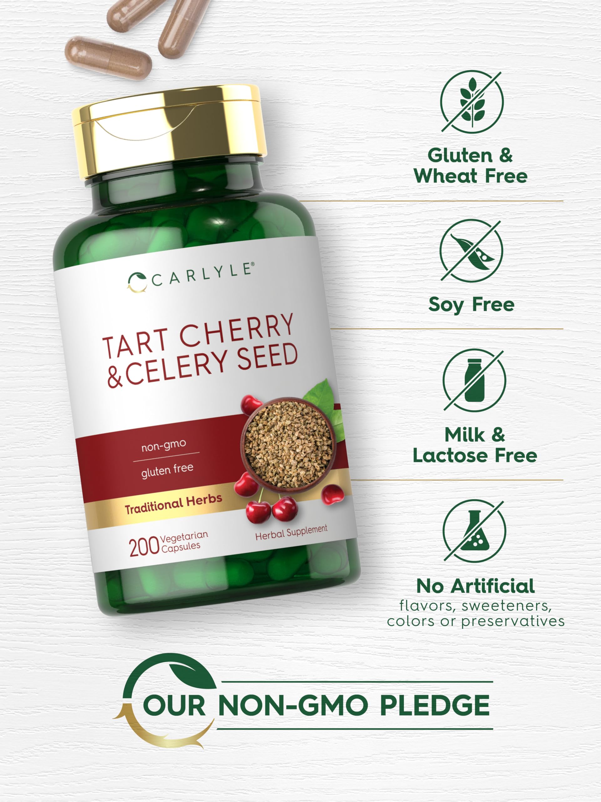 Carlyle ingredientes cereza y apio presentados como origen natural del producto