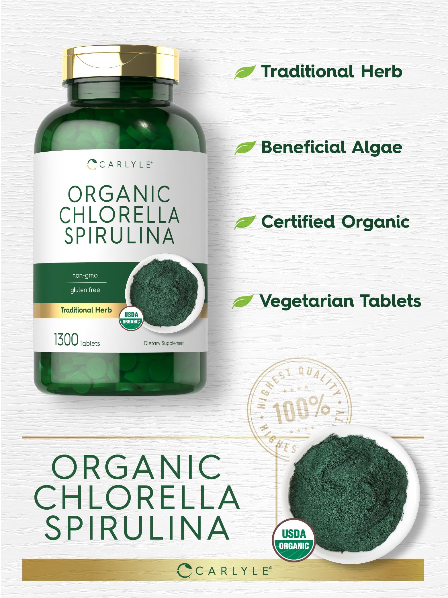 Carlyle polvo de spirulina y chlorella mostrando origen orgánico visible