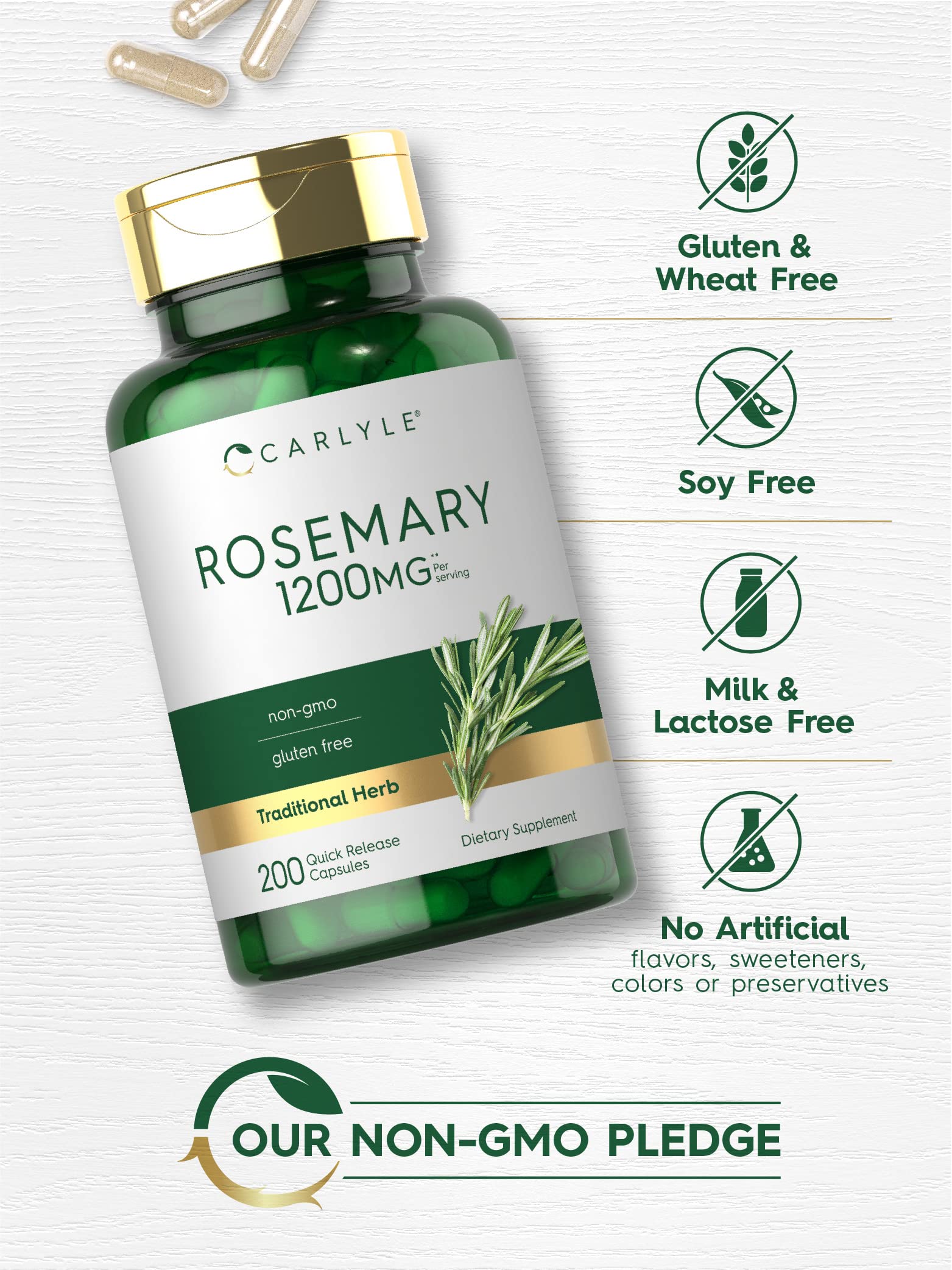 Etiqueta de Carlyle Rosemary con lista de ingredientes y certificaciones