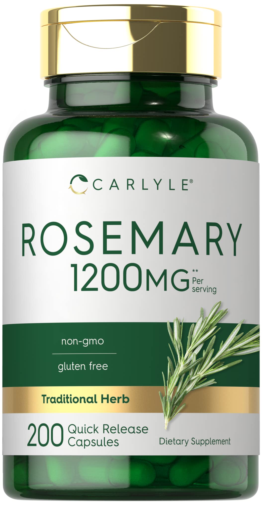 Carlyle frasco frontal de Rosemary Capsules mostrando etiqueta y cantidad
