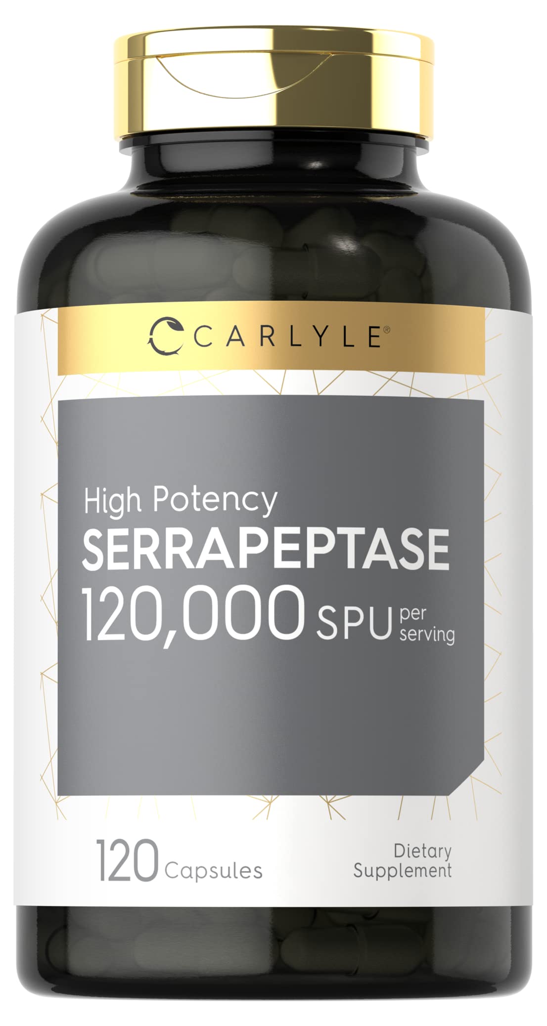 Frasco Carlyle Serrapeptase 120000 SPU mostrando etiqueta y cantidad 120 cápsulas, confianza de marca
