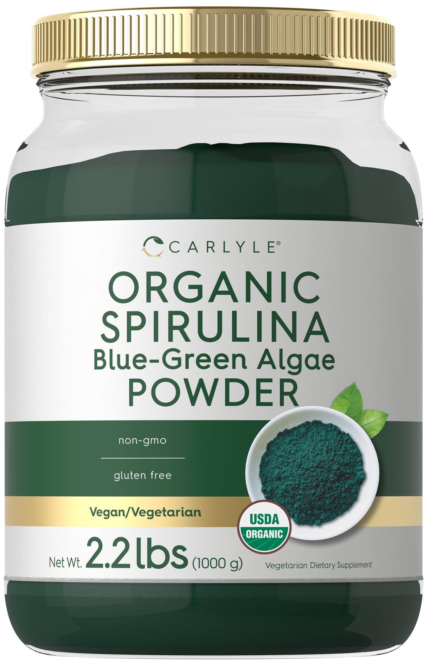 Carlyle spirulina frente del envase mostrando tamaño y sello orgánico
