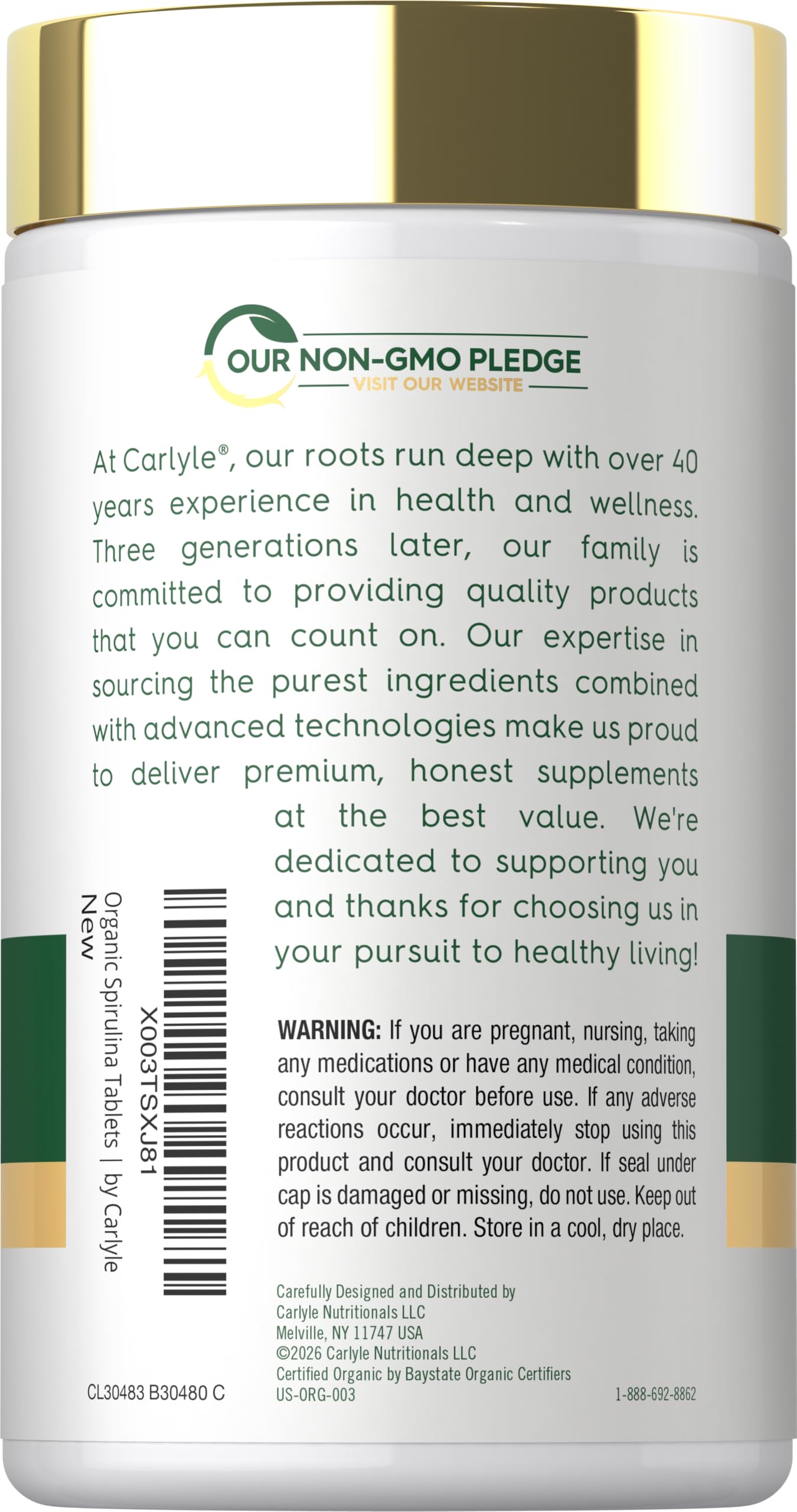 Carlyle detalle del polvo de spirulina usado en fabricación, puro y orgánico