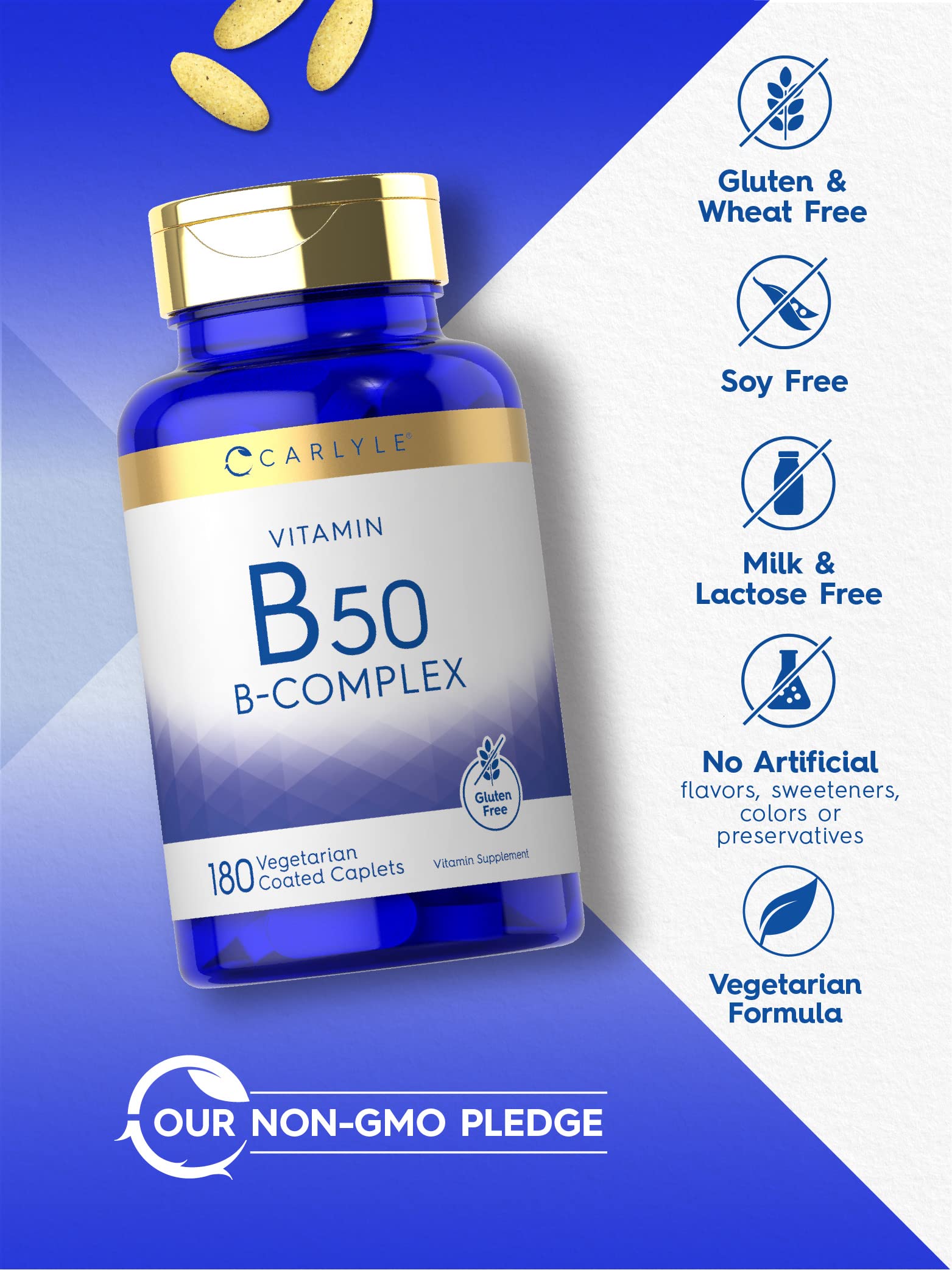 Carlyle etiqueta con lista de vitaminas B y fórmula sin alérgenos