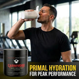 Carnivore Electrolytes mezclándose en agua en un vaso, hidratación rápida y sin sabor