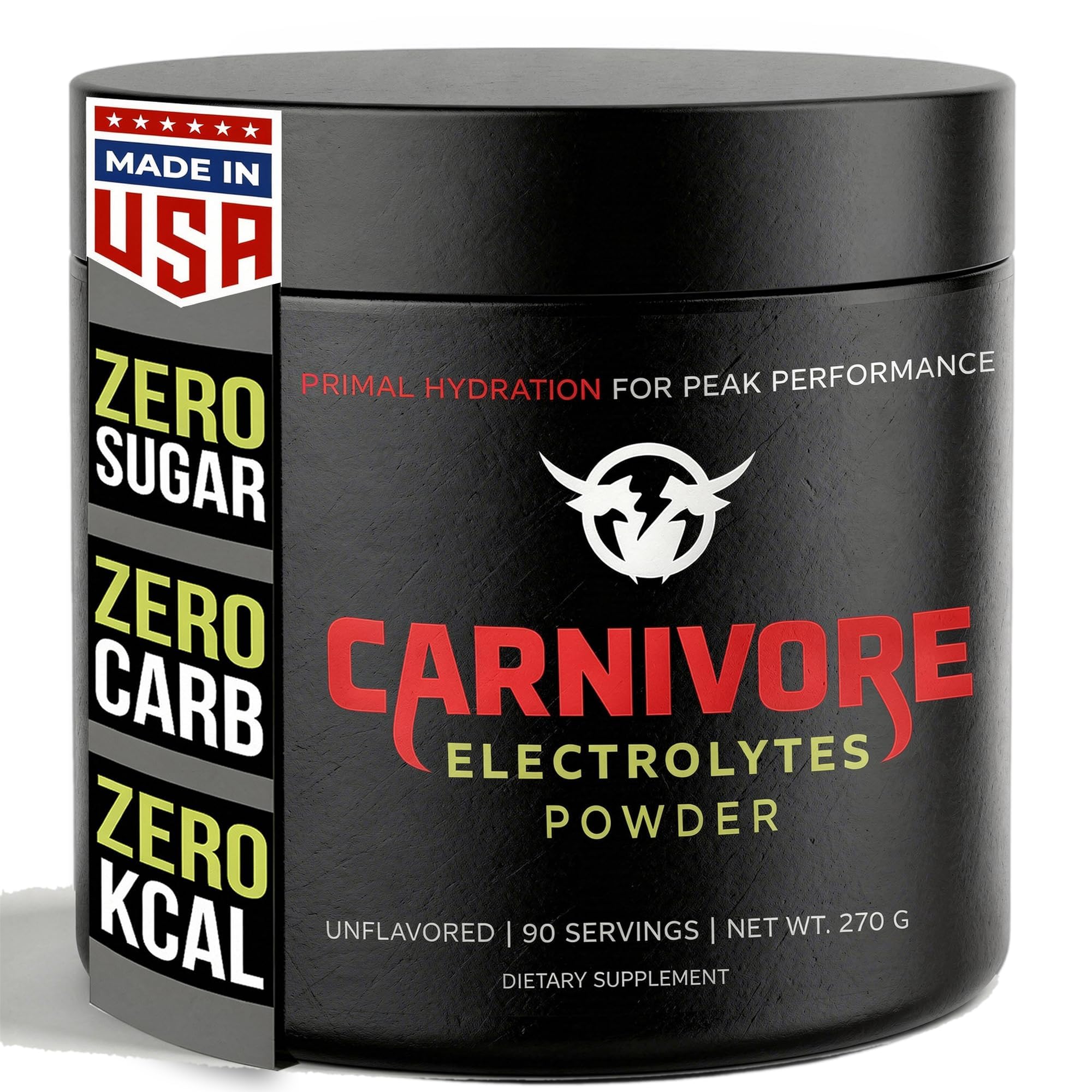 Carnivore Electrolytes frente del envase mostrando 90 porciones y etiqueta clara