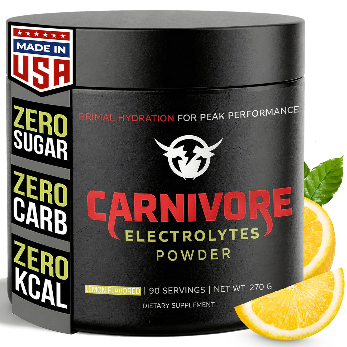 Carnivore Electrolytes envase frontal mostrando 90 servicios y sabor limón