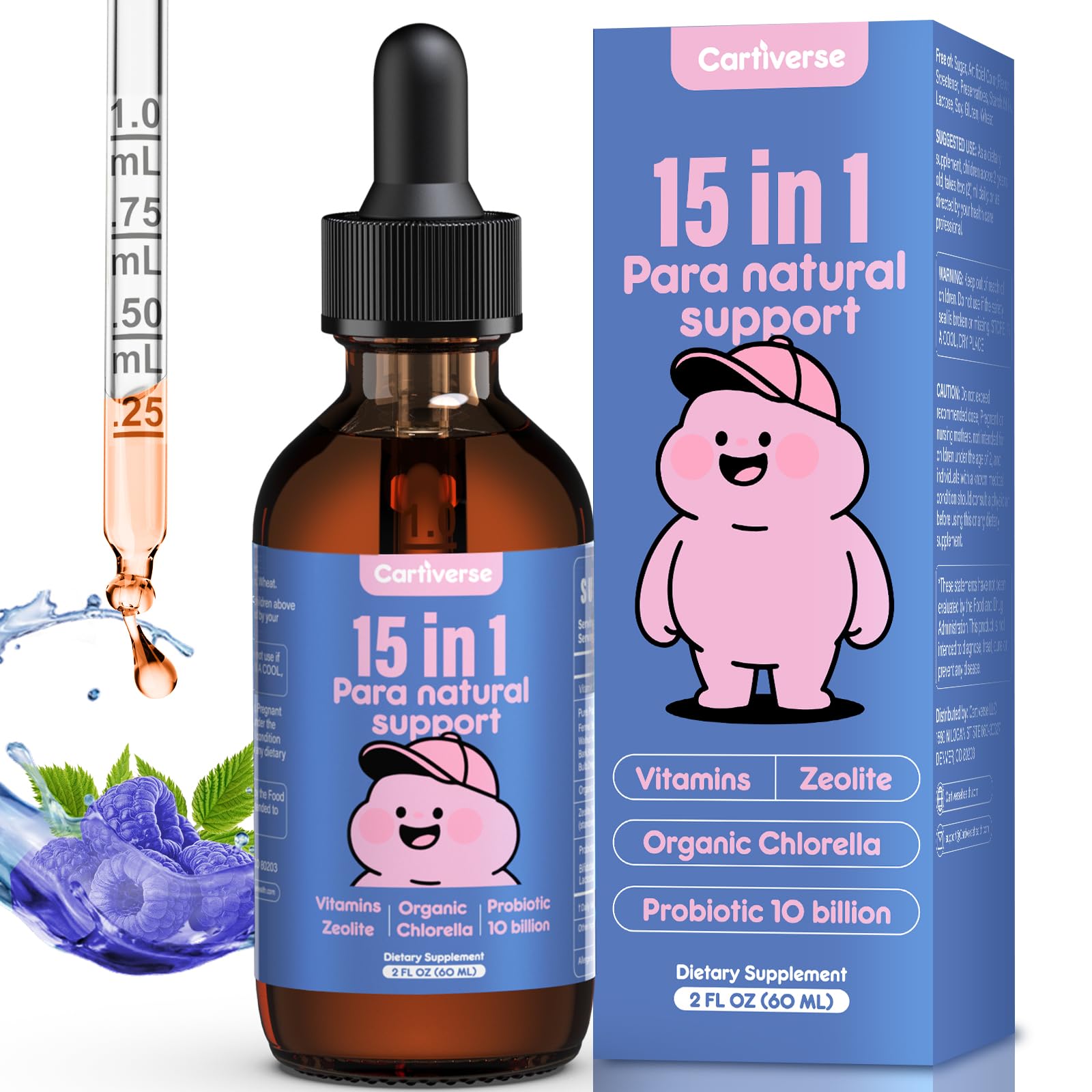 Cartiverse envase frontal de 60 mL con gotas, presentación clara y segura