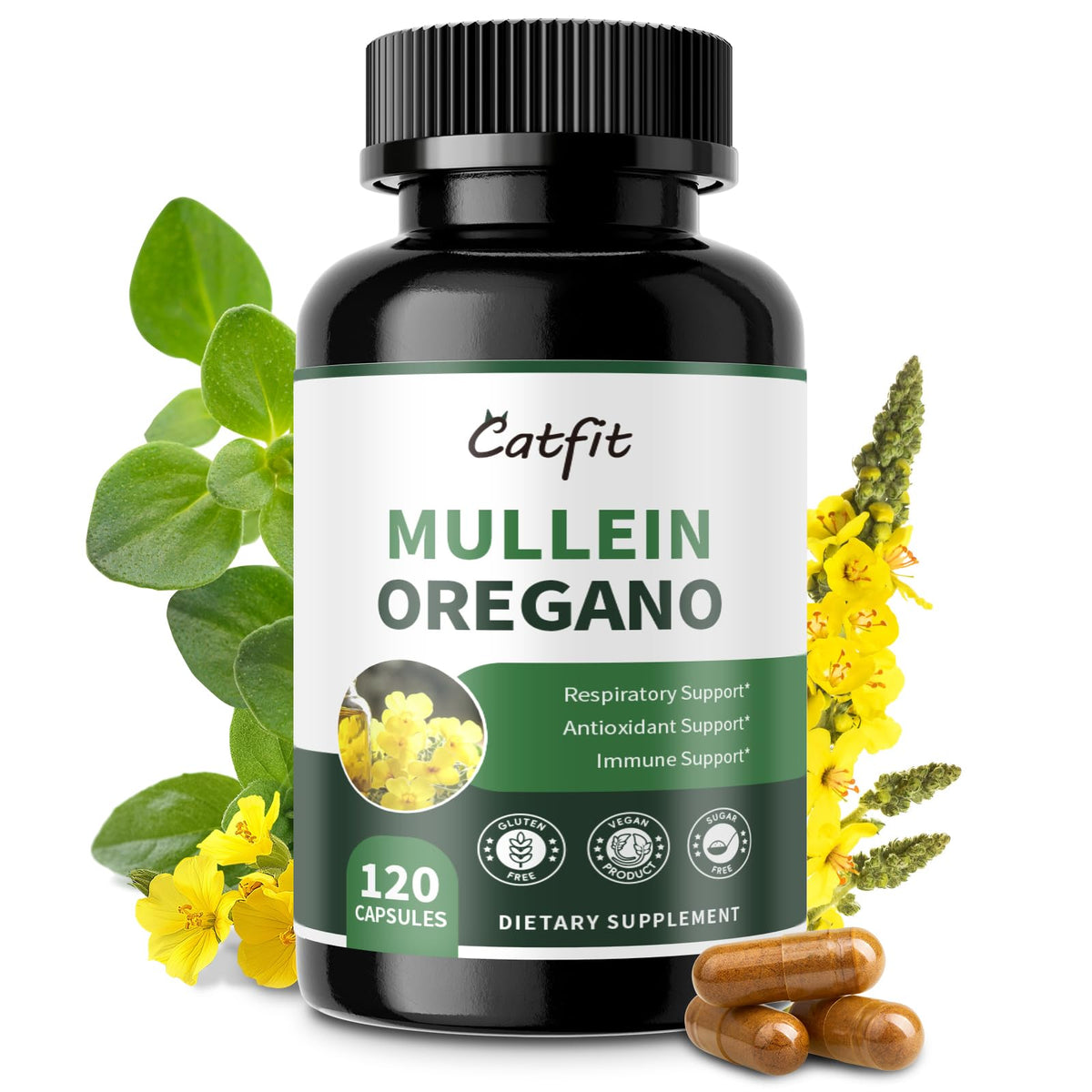 Catfit envase frontal de Mullein Oregano Oil Capsules mostrando 120 cápsulas y beneficios veganos