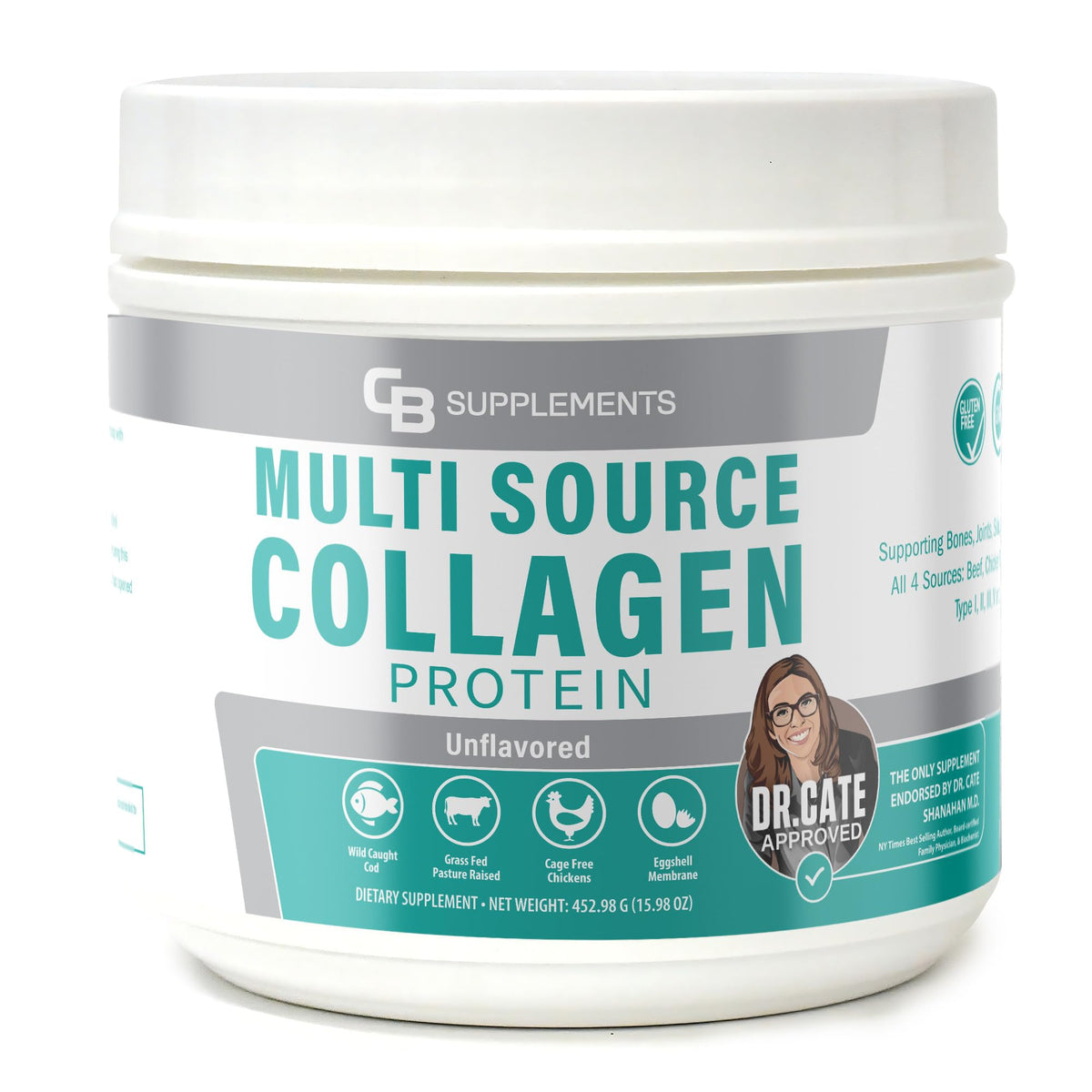 CB Supplements frasco frontal mostrando el envase limpio y profesional