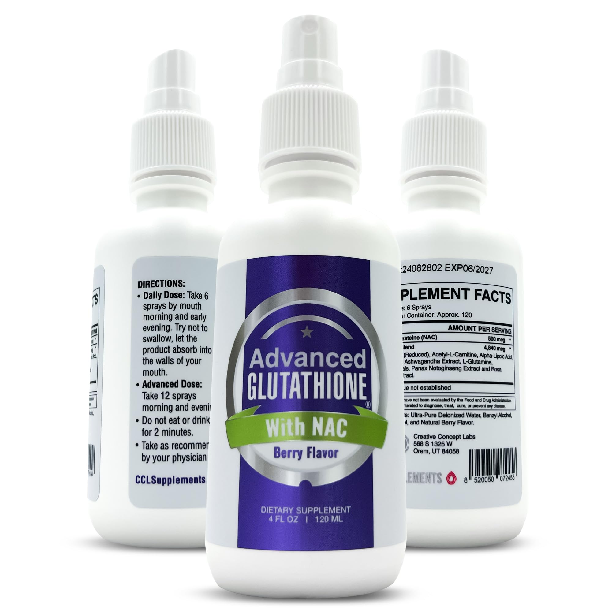 CCL SUPPLEMENTS envase frontal del spray de glutatión con fácil dosificación