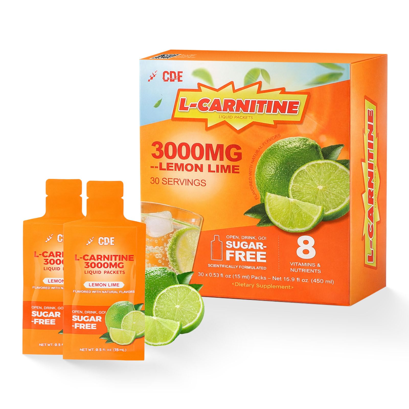 CDE envase frontal de L-Carnitine Liquid 3000 mostrando diseño y beneficios