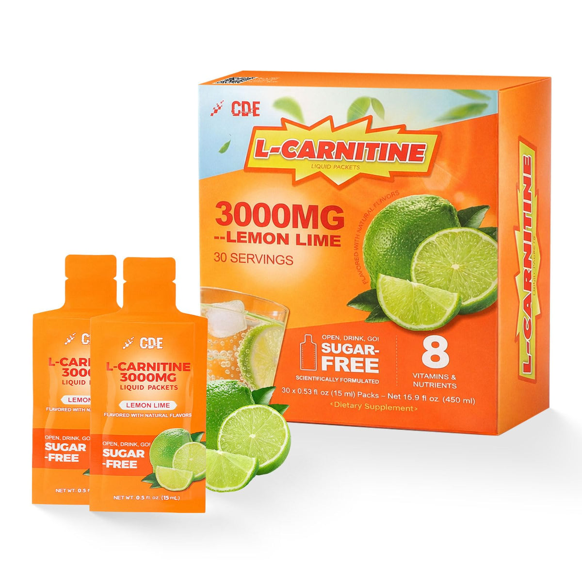 CDE envase frontal de L-Carnitine Liquid 3000 mostrando diseño y beneficios