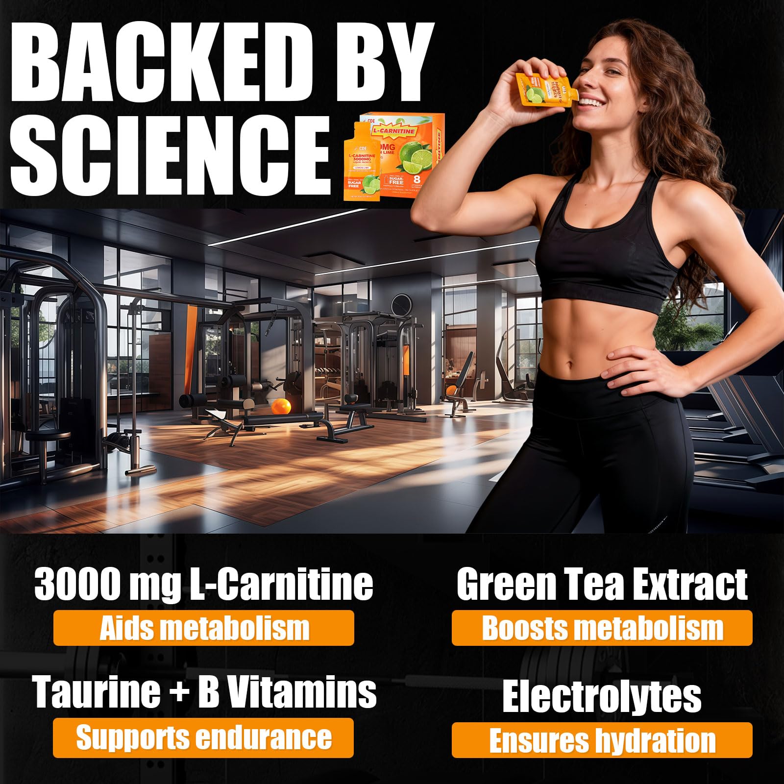 Detalle del sobre CDE L-Carnitine Liquid 3000 y textura del líquido para rápida absorción