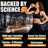 Detalle del sobre CDE L-Carnitine Liquid 3000 y textura del líquido para rápida absorción