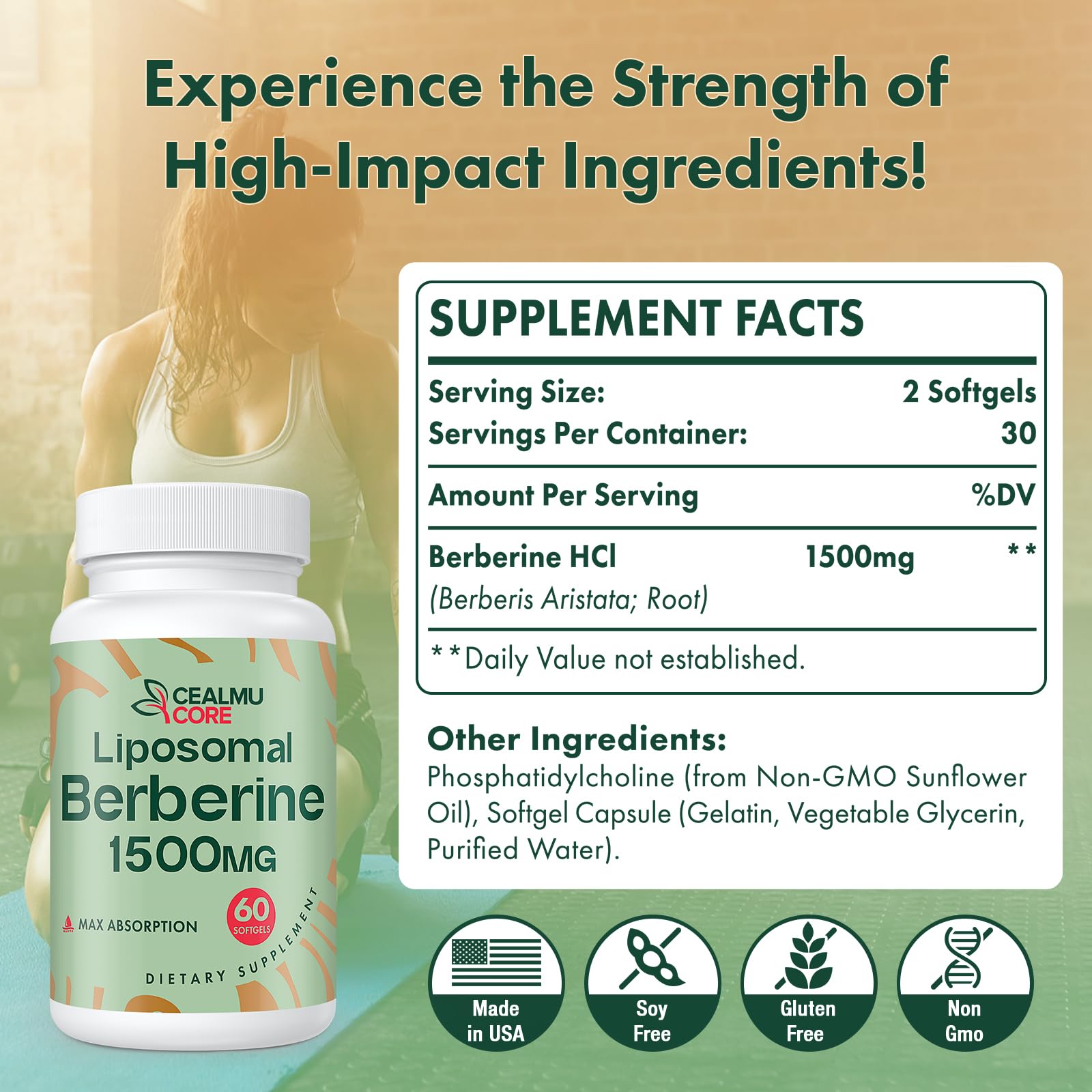CEALMU CORE etiqueta de ingredientes que destaca 1500mg y pruebas de terceros