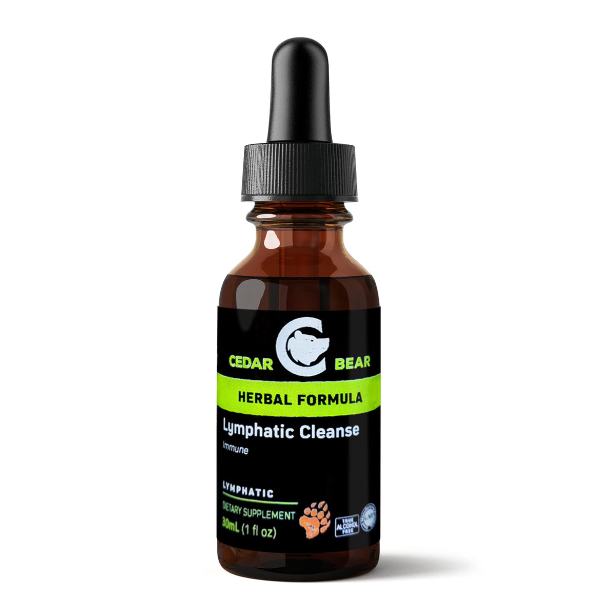 Cedar Bear Naturales frasco frontal mostrando el diseño y beneficio de apoyo linfático