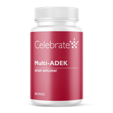 Celebrate Vitamins envase frontal que muestra fórmula ADEK y cápsulas fáciles de tragar