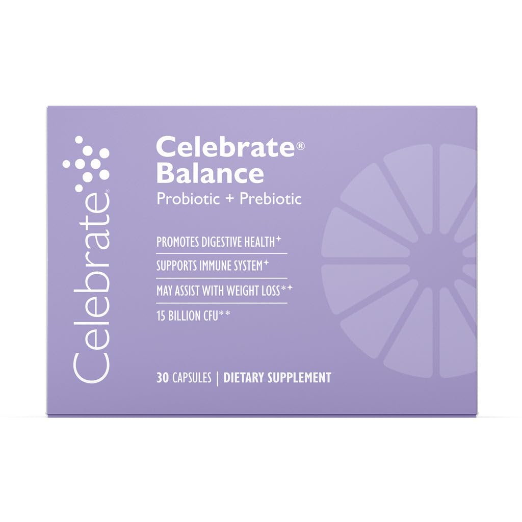 Celebrate Vitamins frasco de Balance Probiotic en primer plano mostrando la etiqueta y beneficio digestivo