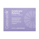 Celebrate Vitamins frasco de Balance Probiotic en primer plano mostrando la etiqueta y beneficio digestivo