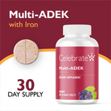 Celebrate Vitamins tableta masticable en primer plano, muestra textura y tamaño