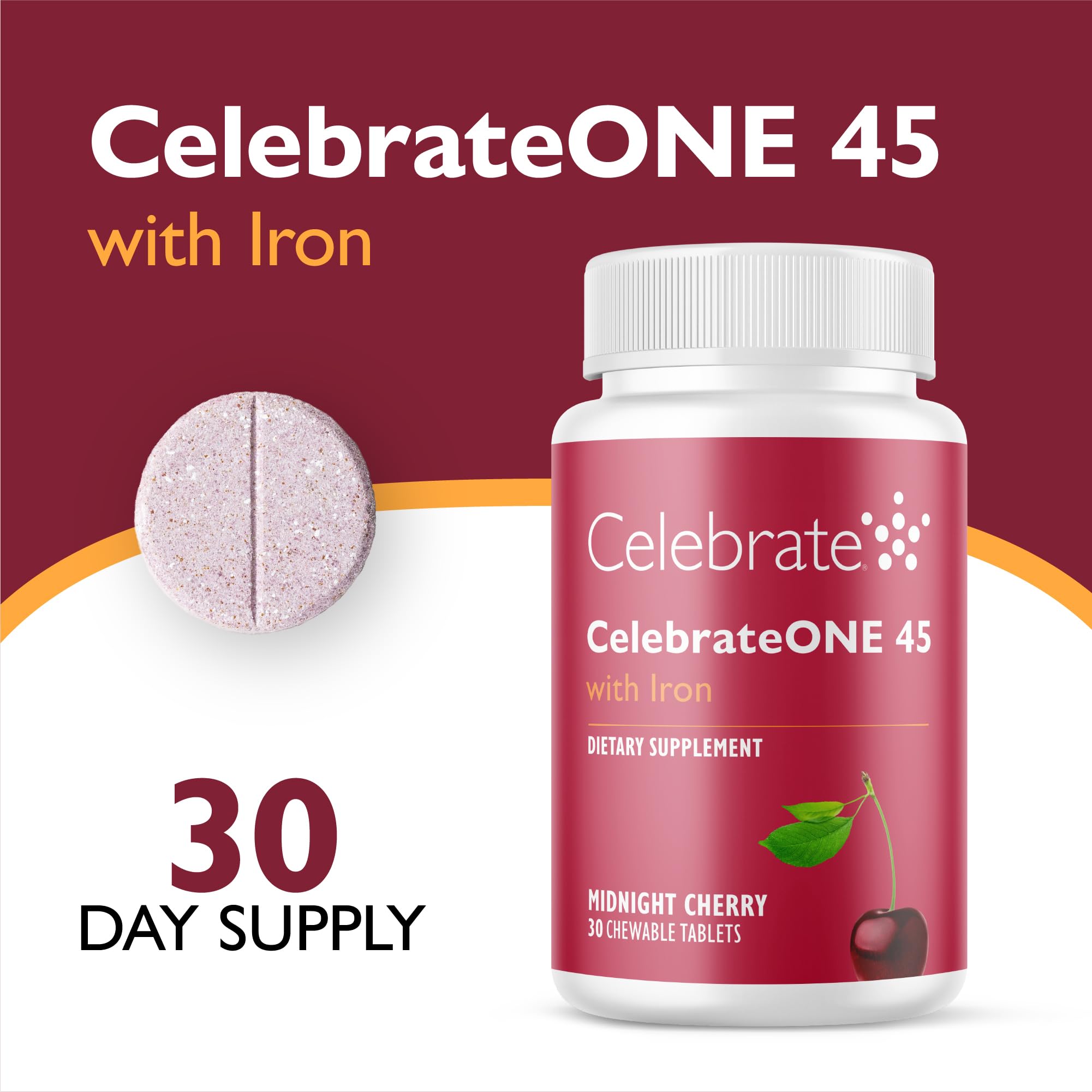 CelebrateONE 45 tableta masticable en primer plano que demuestra textura suave y tamaño cómodo