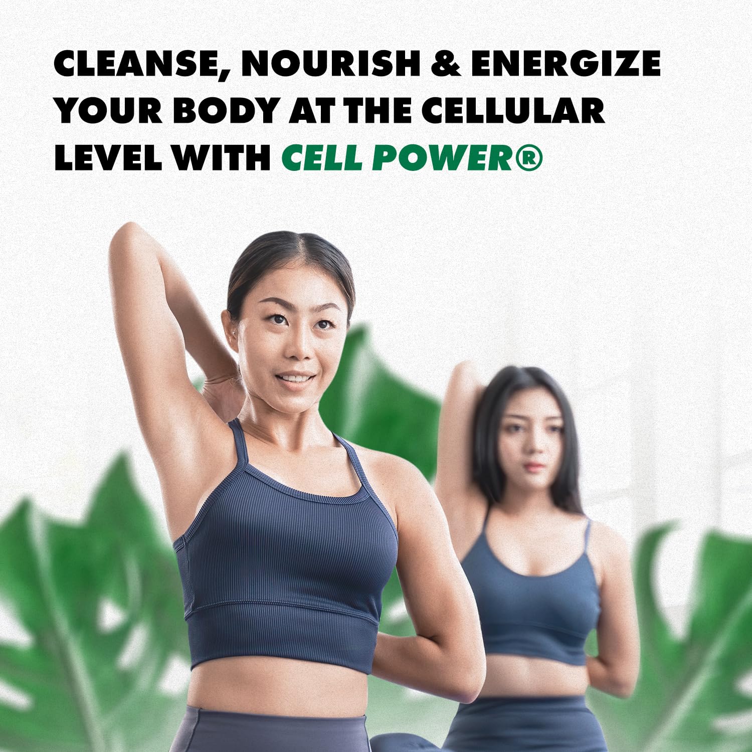 Cell Power en mesa saludable junto a frutas y vaso, uso práctico y cómodo