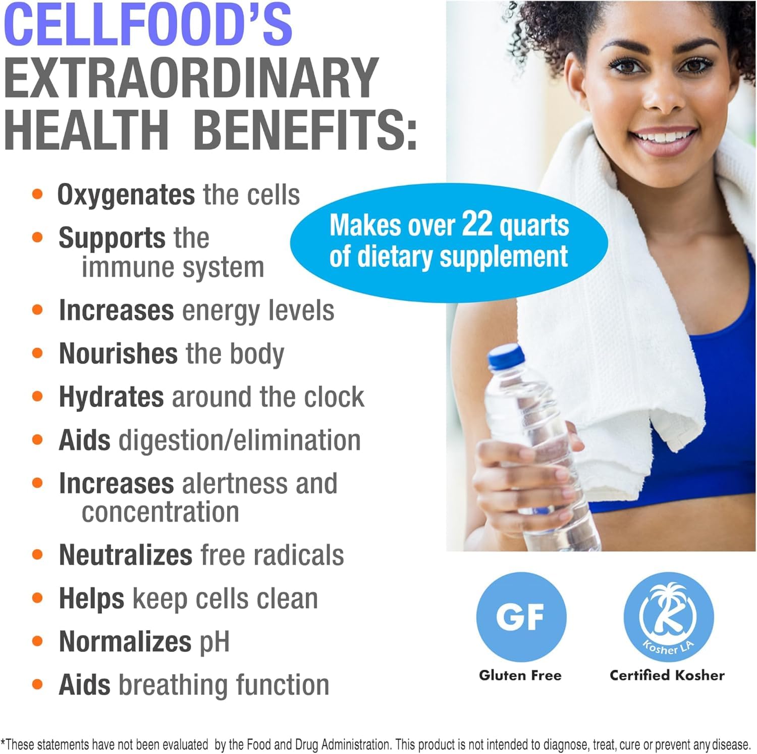 Cellfood botella junto a equipo de entrenamiento, práctico para actividad física