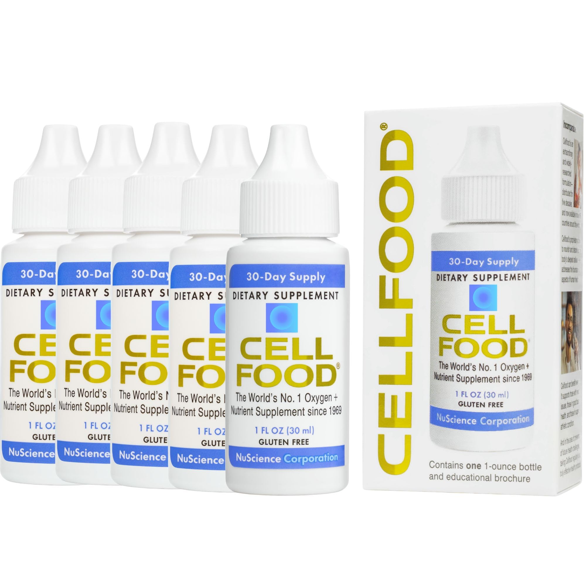 Cellfood frente del empaque mostrando frasco y beneficios resumidos