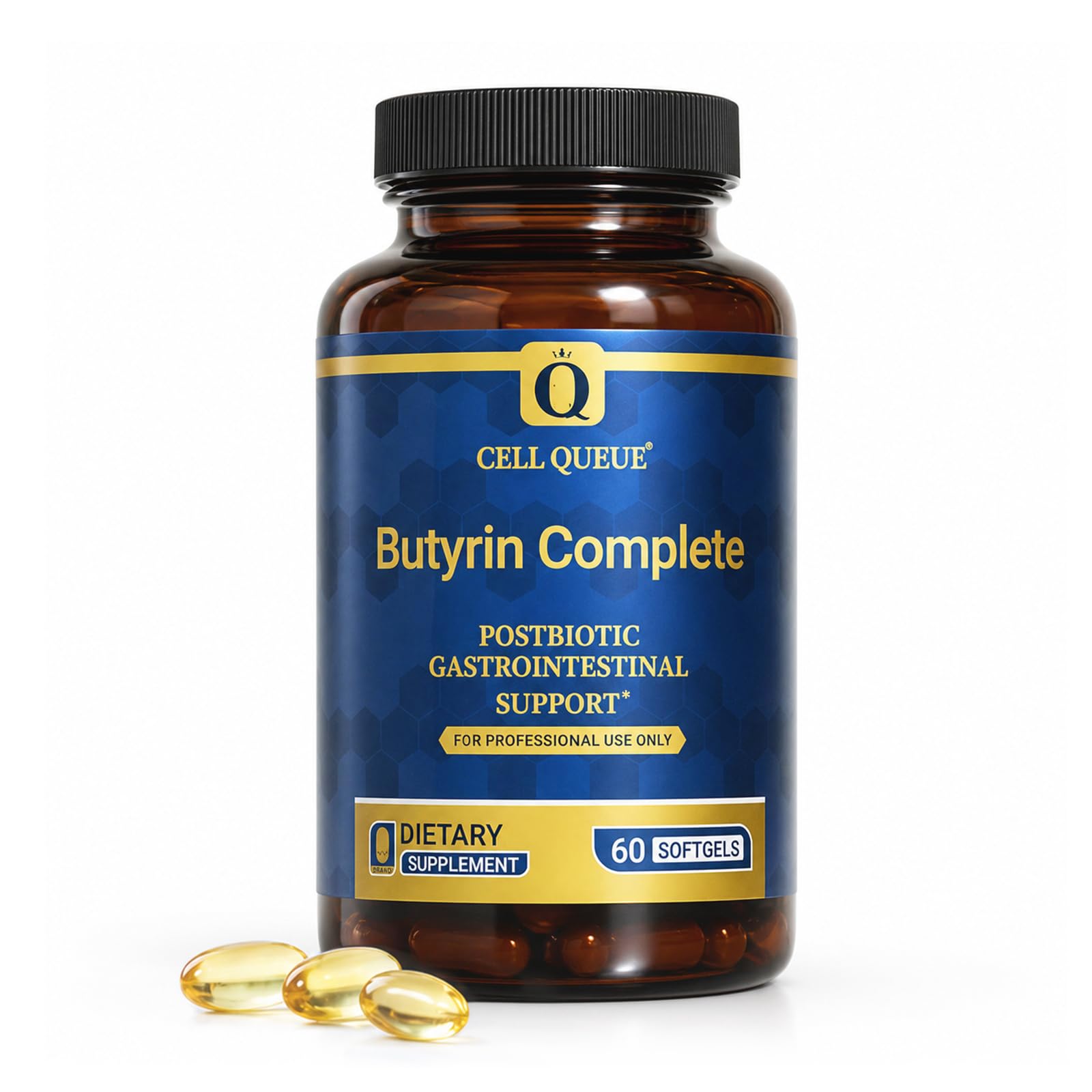 Cellqueue botella frontal mostrando butyrin complete y beneficio digestivo