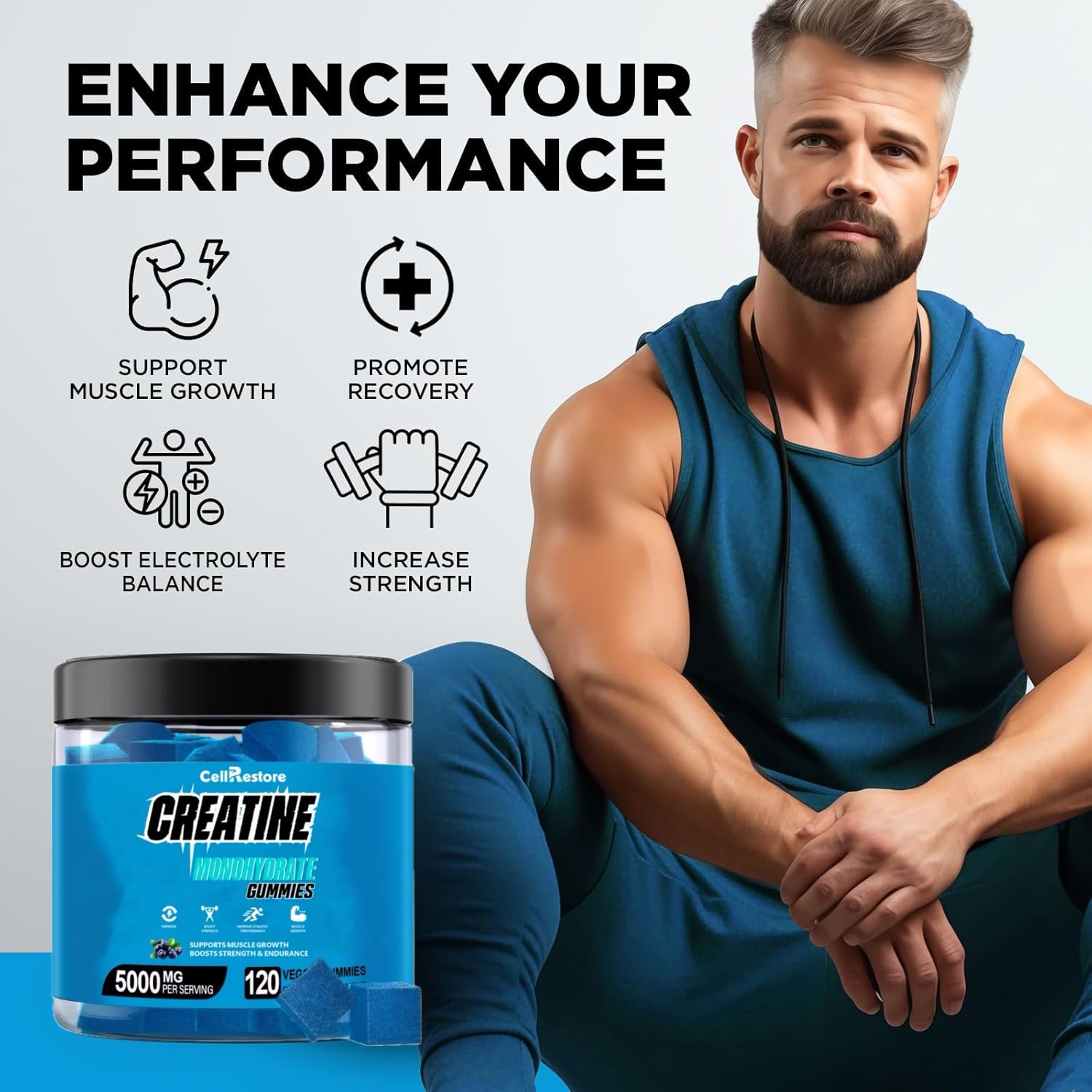 Gomita individual CellRestore junto a una mano para consumo rápido y portátil