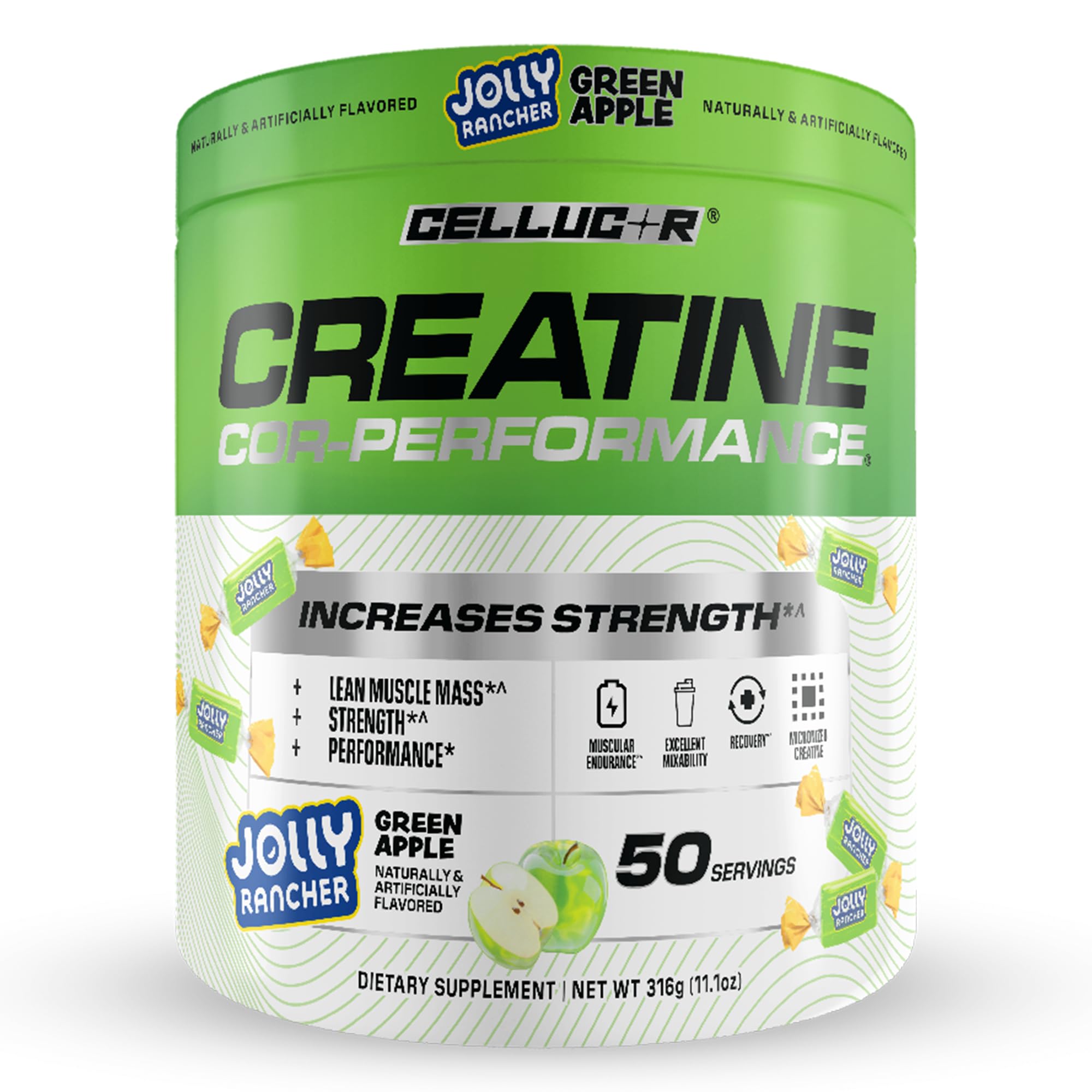Cellucor envase frontal Jolly Rancher Green Apple mostrando 50 servicios y beneficio de conveniencia