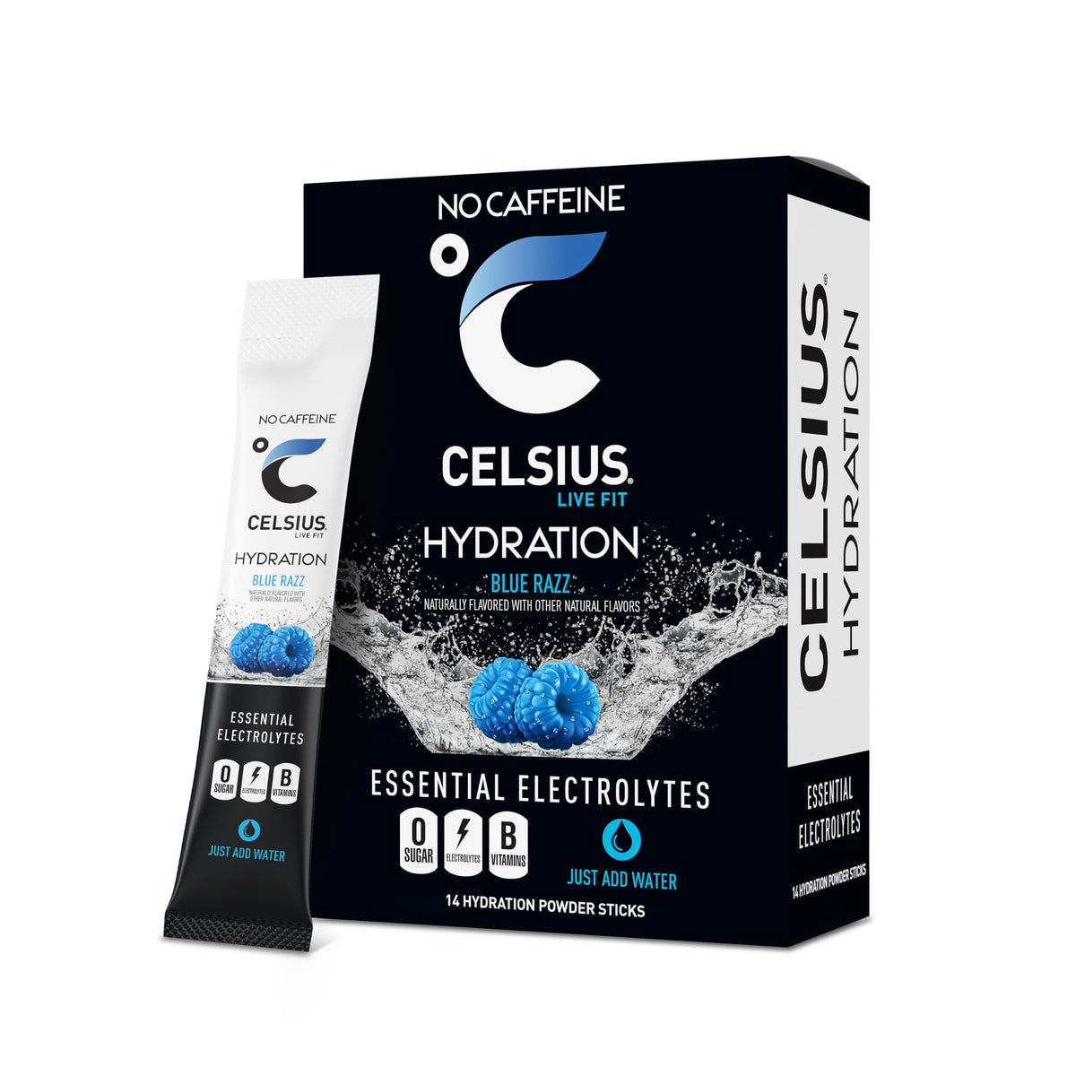 CELSIUS empaque frontal del pack de 14 sobres mostrando diseño y beneficio hidratante