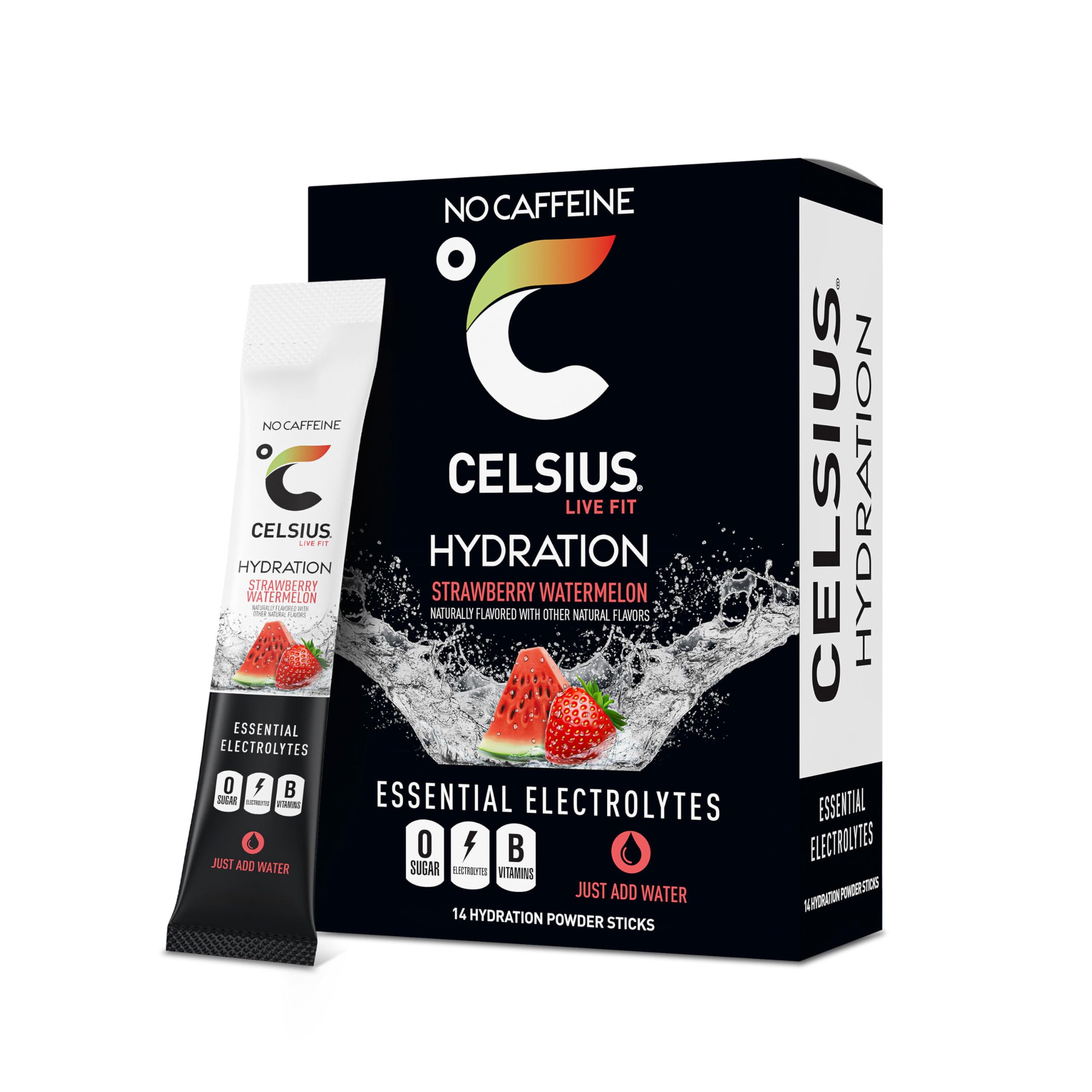 CELSIUS empaque frontal mostrando sabor fresa sandía y beneficio refrescante