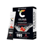 CELSIUS empaque frontal mostrando sabor fresa sandía y beneficio refrescante