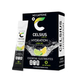 CELSIUS empaque frontal Lemon Lime mostrando 14 sobres, práctico y portátil