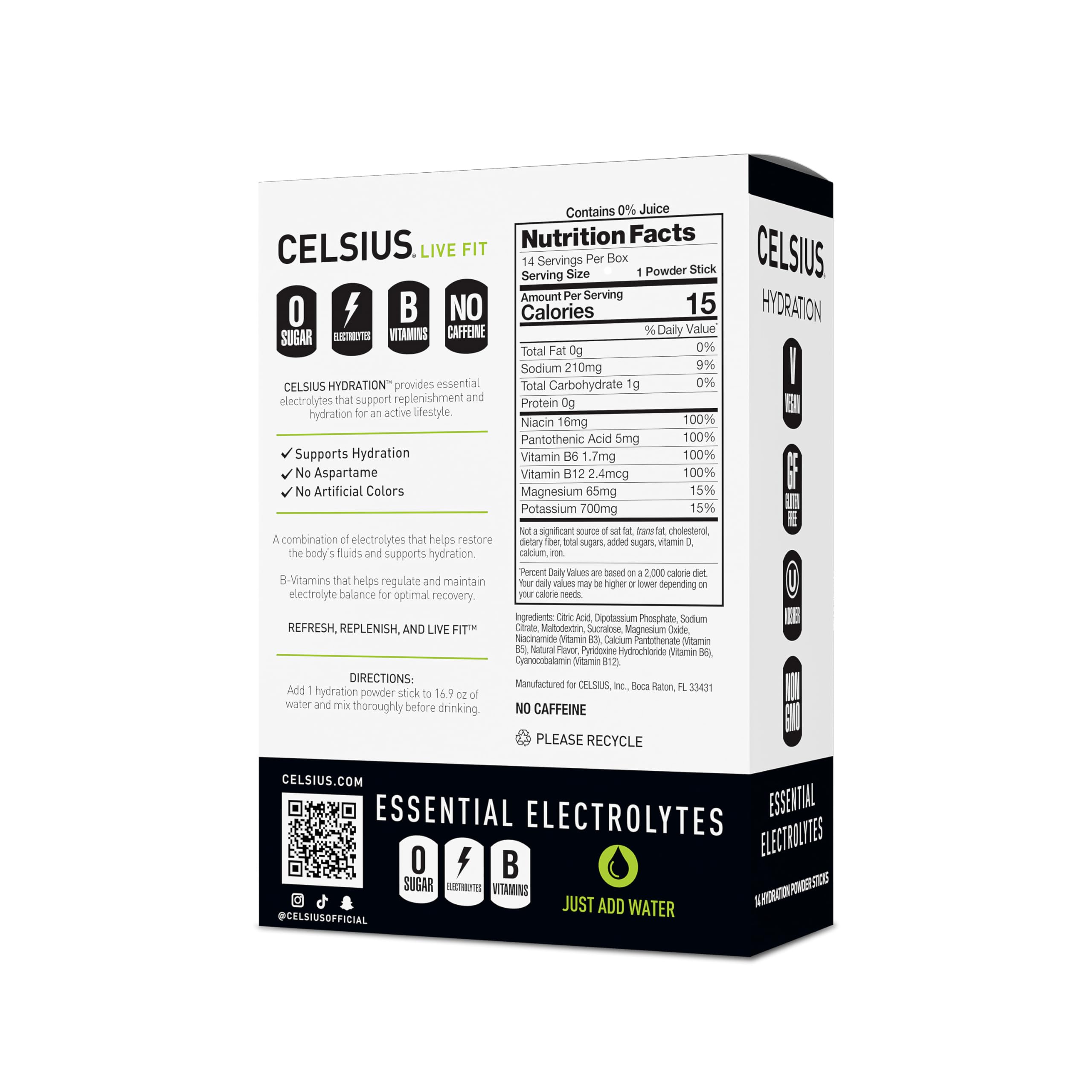CELSIUS polvo en sobre abierto resaltando textura fina y disolución rápida