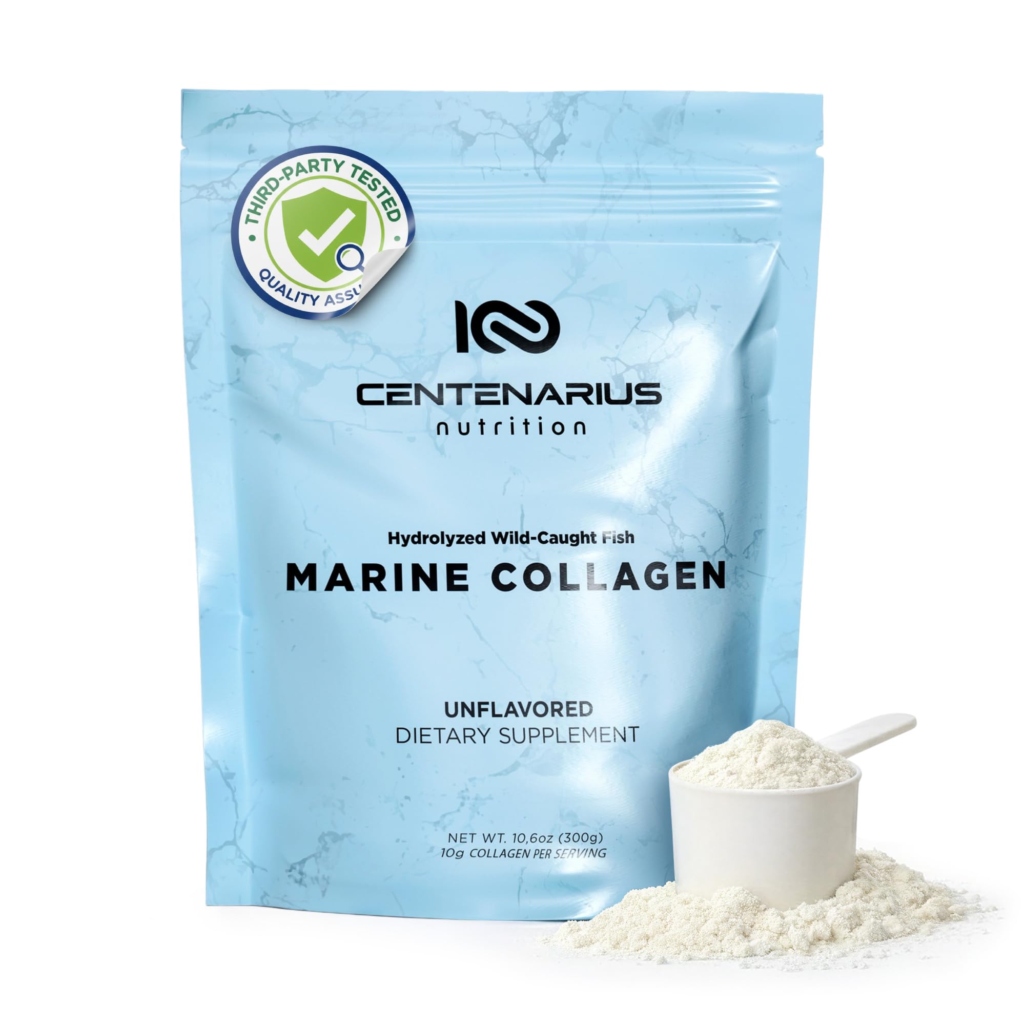 Centenarius Nutrition envase frontal del colágeno marino, presentación clara y profesional