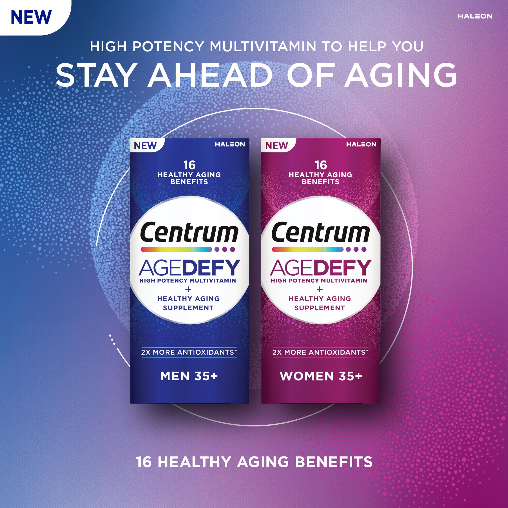 Centrum Age Defy frasco en una encimera de cocina junto a frutas para usar diario