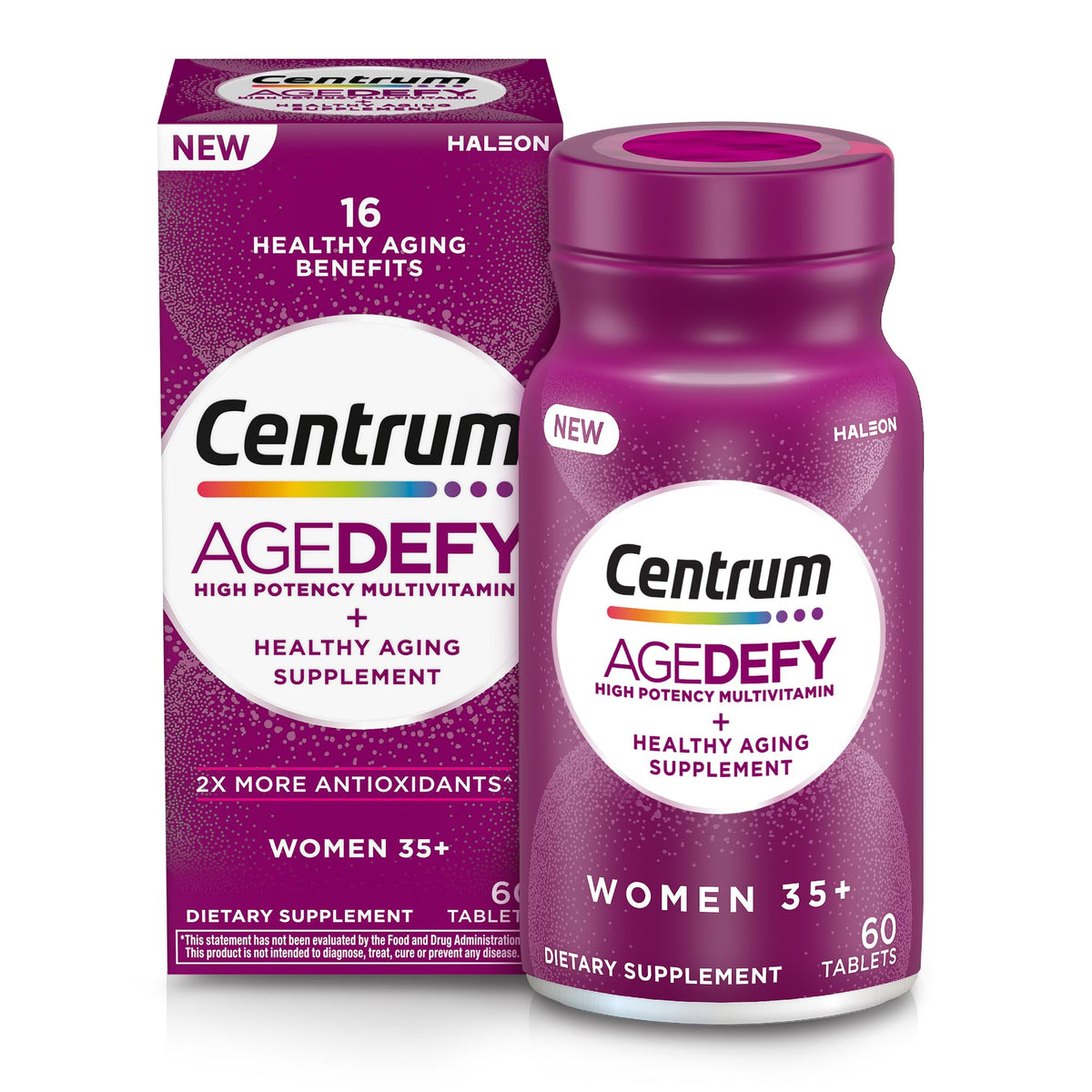 Centrum Age Defy vista frontal del frasco mostrando etiqueta y beneficios