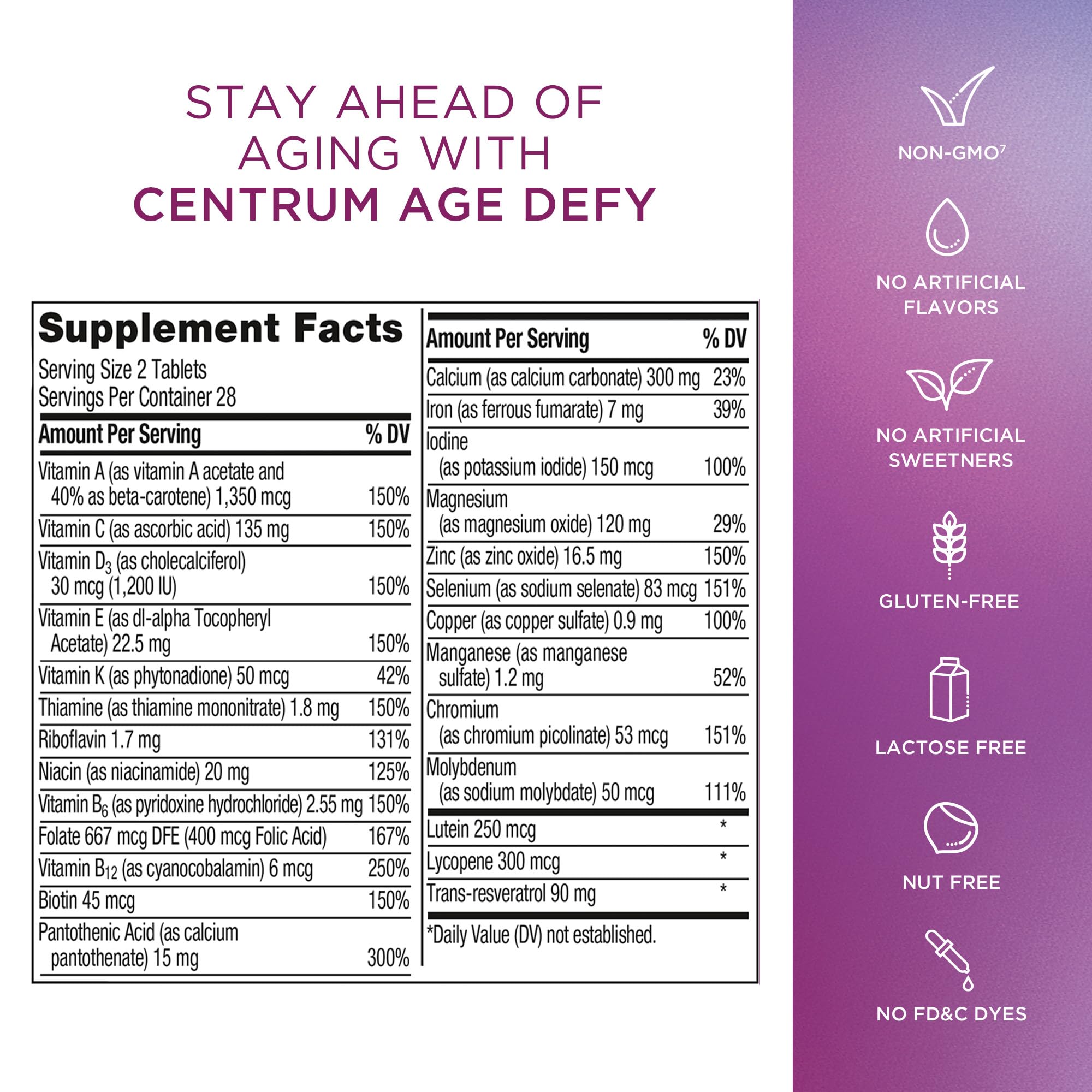 Centrum Age Defy lateral del empaque destacando información de elegibilidad OTC