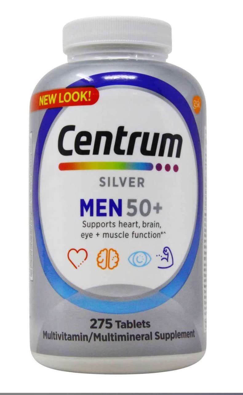 Centrum Men 50+ frasco frontal mostrando etiqueta y cantidad, facilita el suministro prolongado