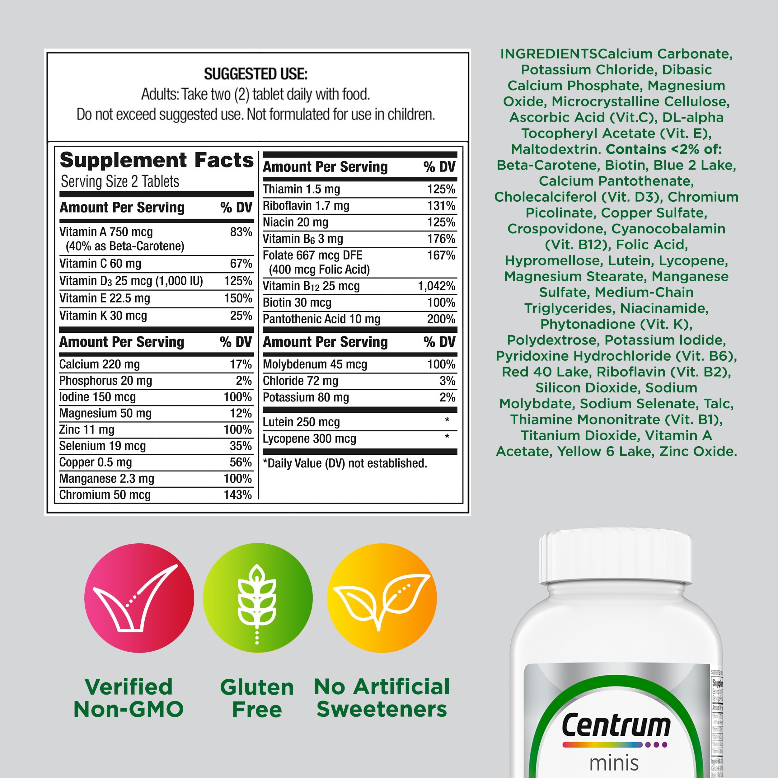 Centrum sello sin gluten y Non-GMO destacando aptitud y origen