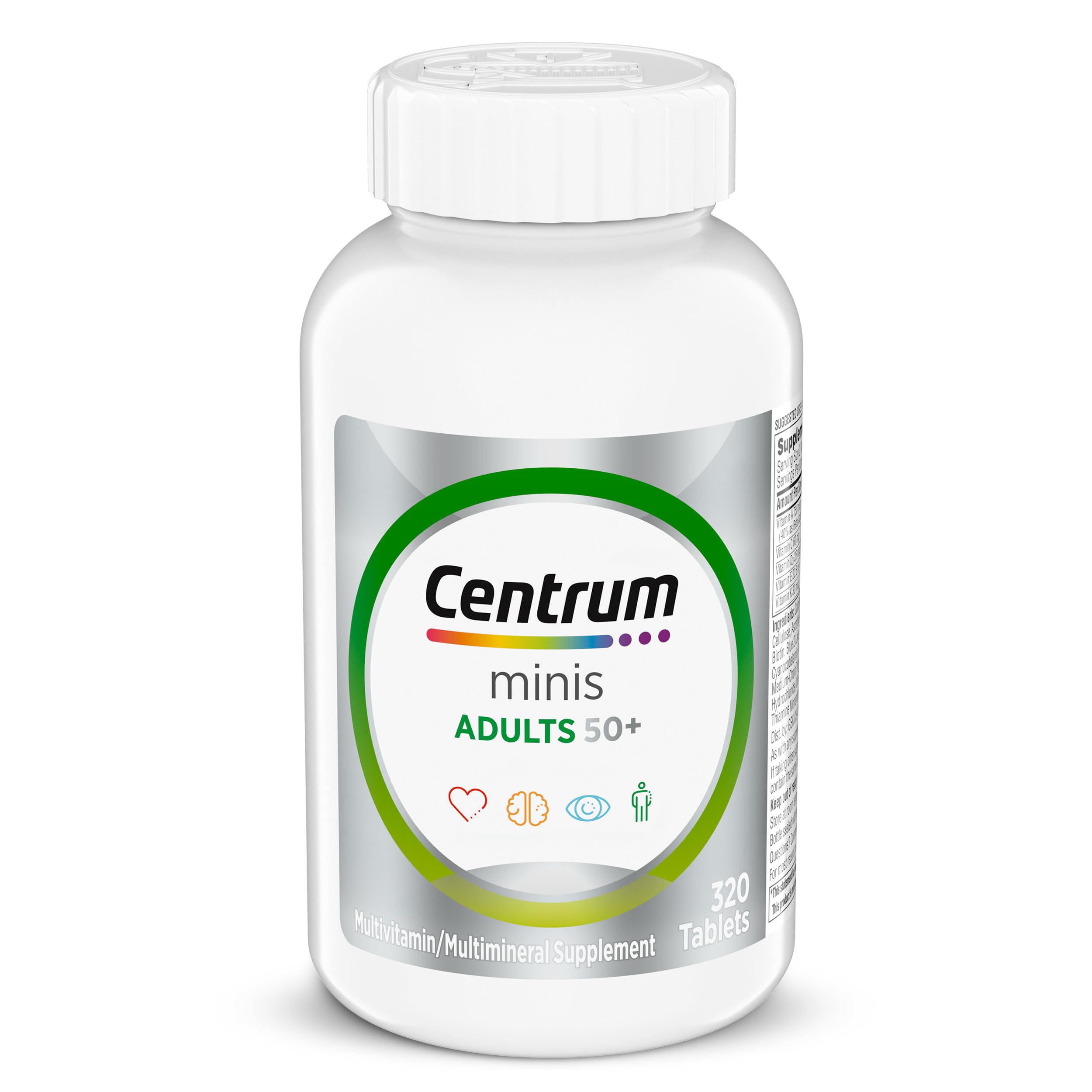 Centrum botella frontal mostrando etiqueta y beneficios para adultos 50+