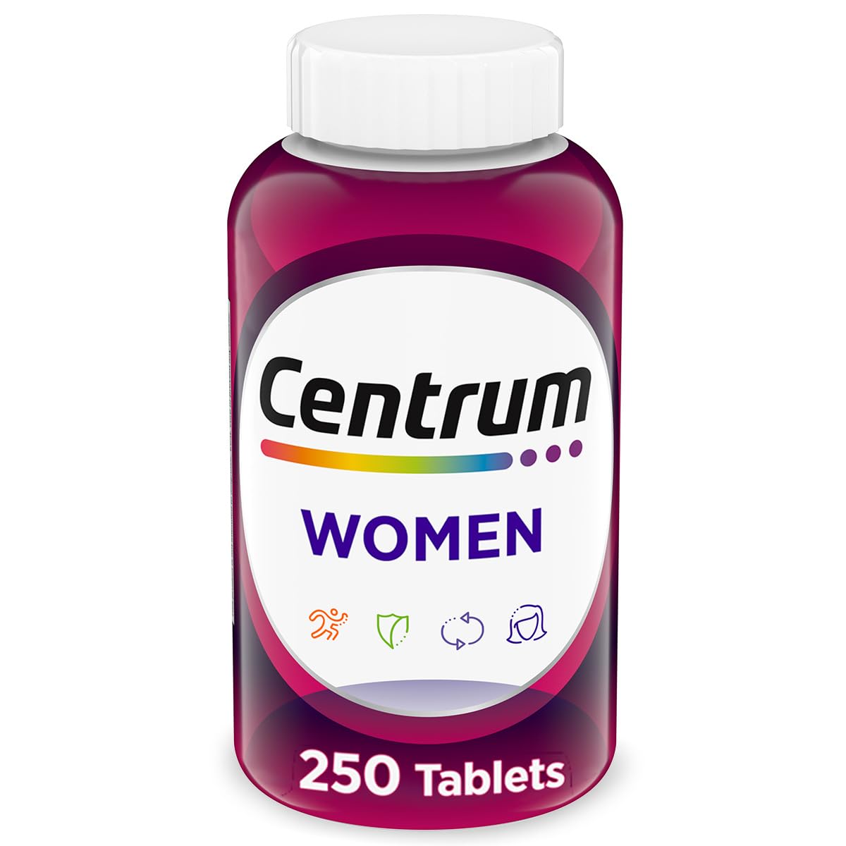 Centrum frente del empaque mostrando 250 tabletas y beneficios