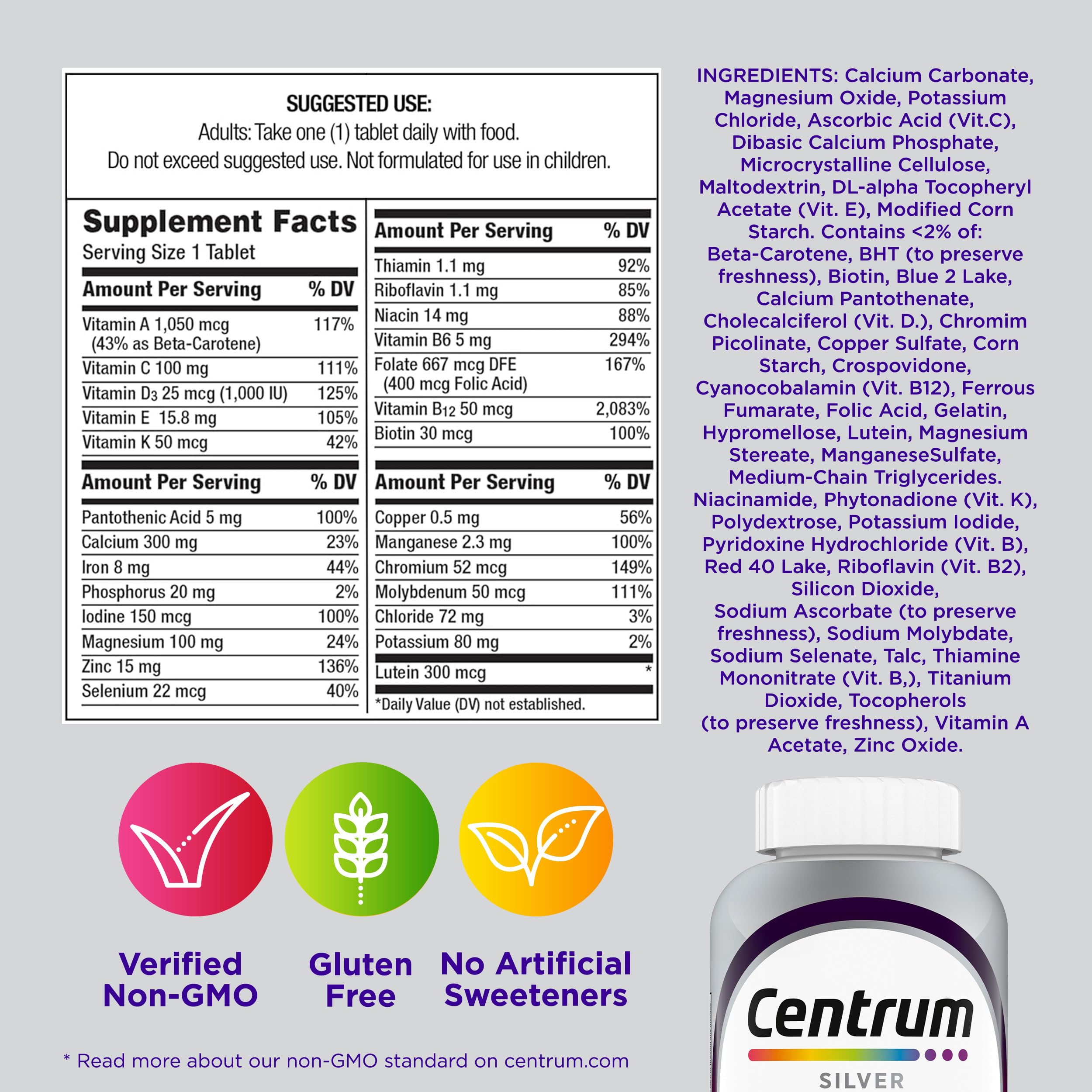 Centrum envase lateral con información sobre Non‑GMO y sin gluten